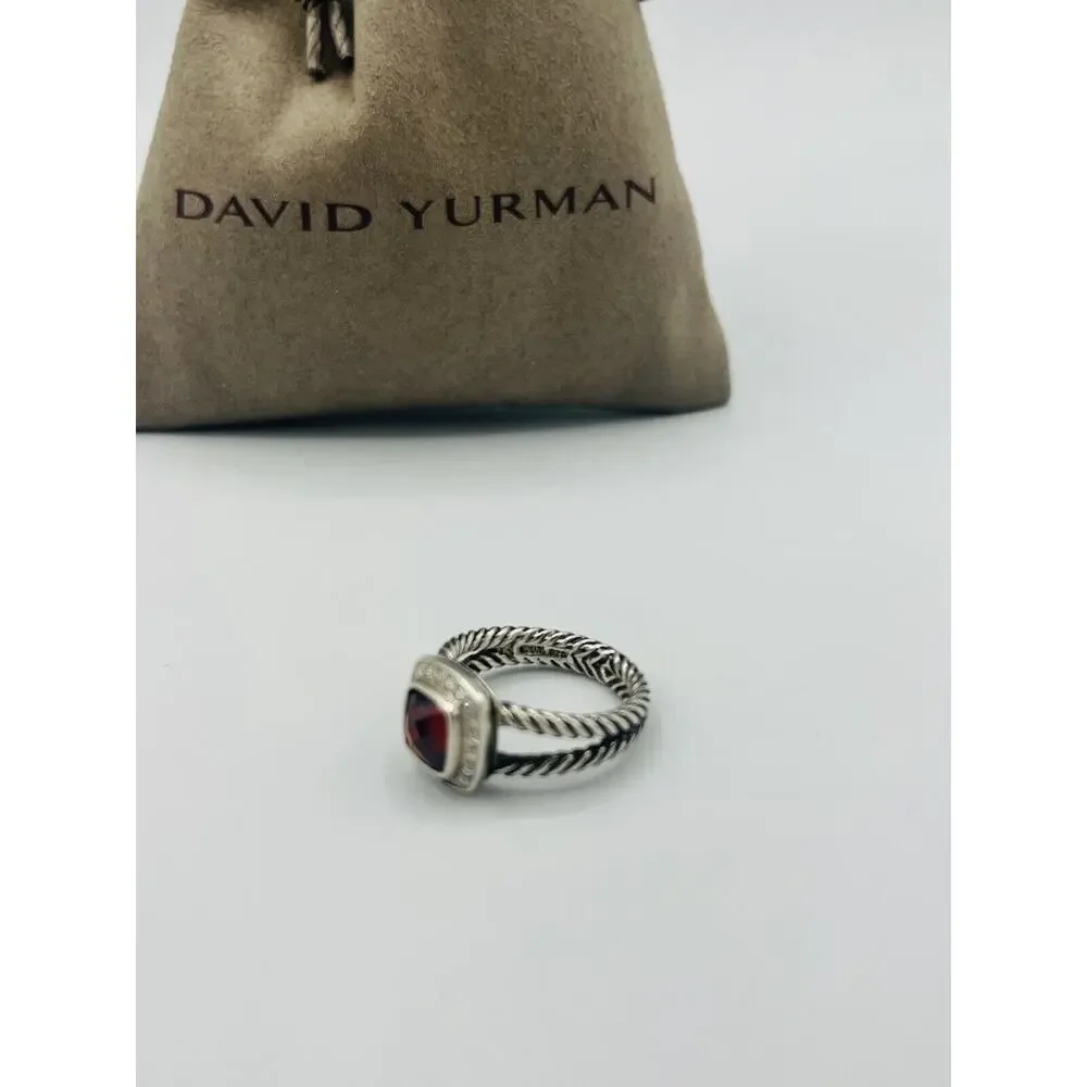 David Yurman Sterling Silver Garnet & Diamond Petite Albion Ring Size 6